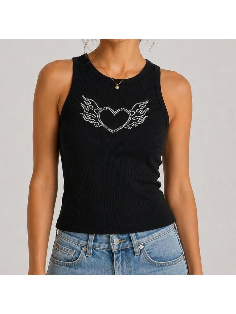 Full Tilt Y2K Rhinestone Angel Heart Tank Top Black Size Small